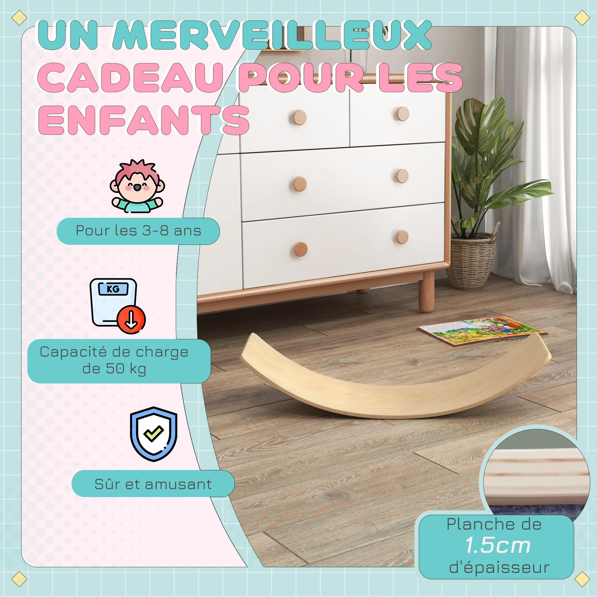 AIYAPLAY Planche d'équilibre pour enfants en bois naturel 90x29x19 cm charge max 50 kg