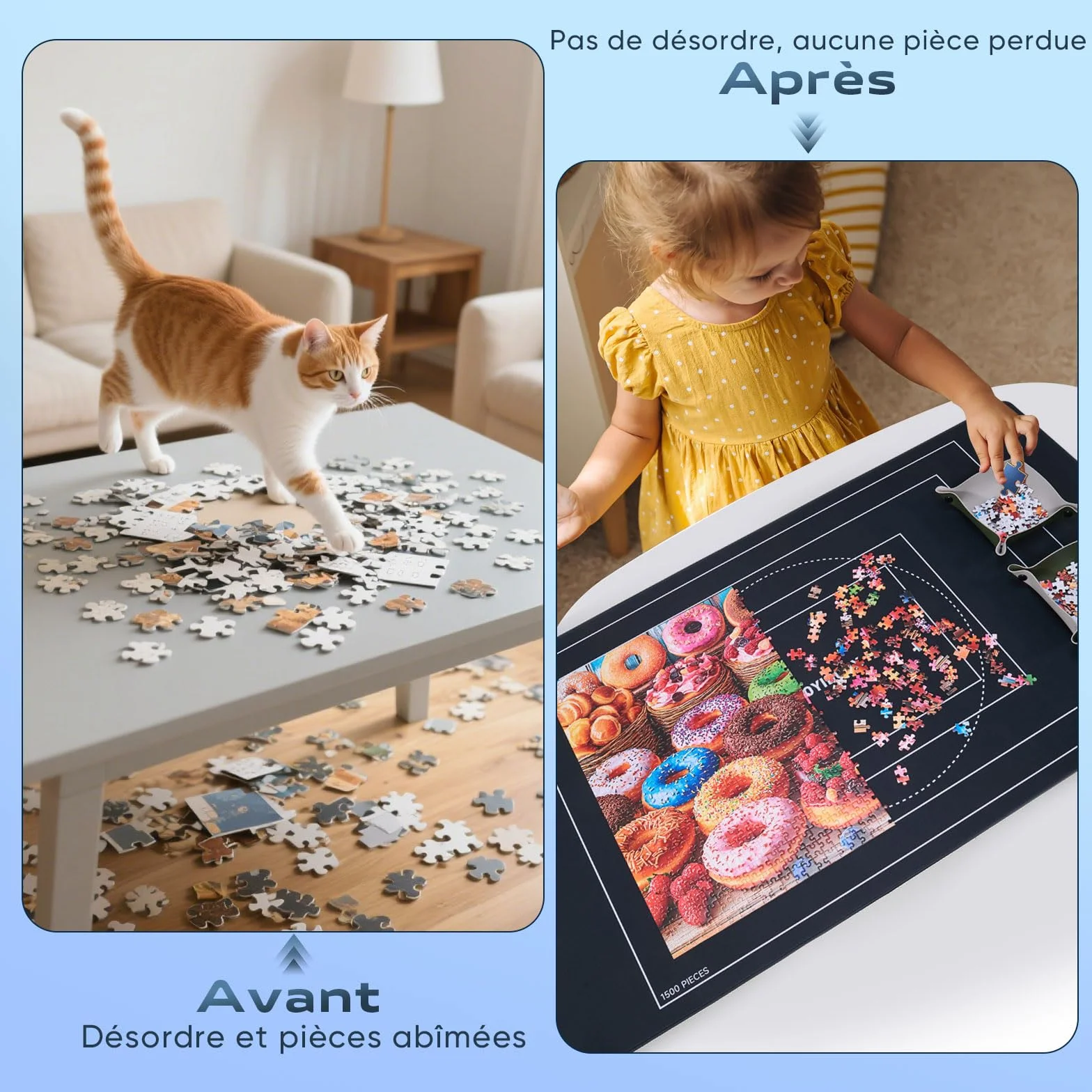 Tapis Puzzle 1500 pièces Surface Lisse Polyester Base antidérapante Caoutchouc Rouleau Mousse 6 Plateaux classement Sac Transport