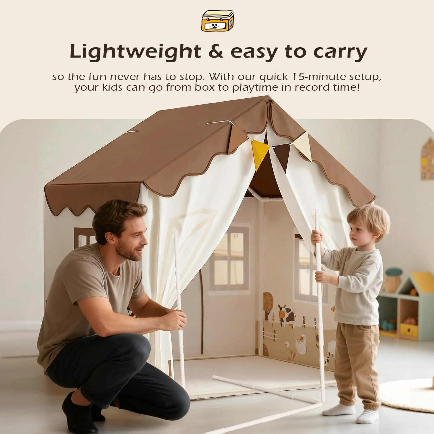 EagleStone Tente de Jeu pour Enfants avec Guirlandes et Tapis Moelleux, Intérieur, Cabane Lit-Tente, Coin Douillet, Beige