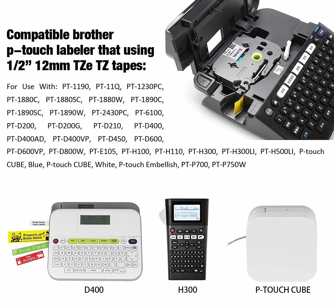 Ruban Étiqueteuse Cassette 12mm x 8m Noir sur Blanc Compatible Brother P-Touch PT-E100 PT-E200