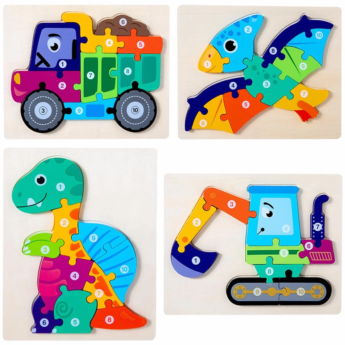 Puzzles en bois Montessori pour enfants 2-4 ans, 4 pièces, cadeau garçons filles dinosaure bateau