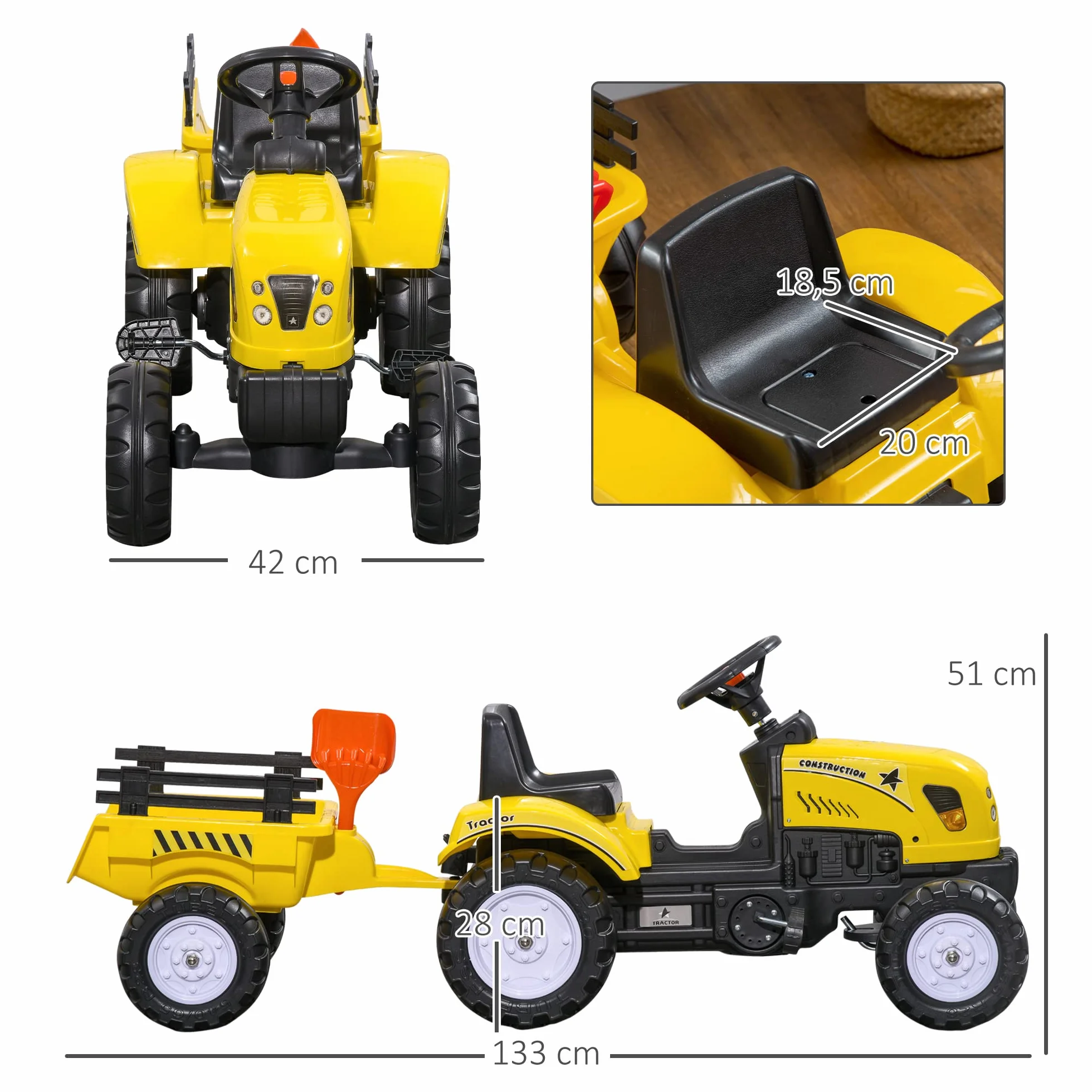 HOMCOM Tracteur à pédales 6 Roues avec remorque, râteau et pelle, Charge 35 kg, pour 3+ Ans, Jaune