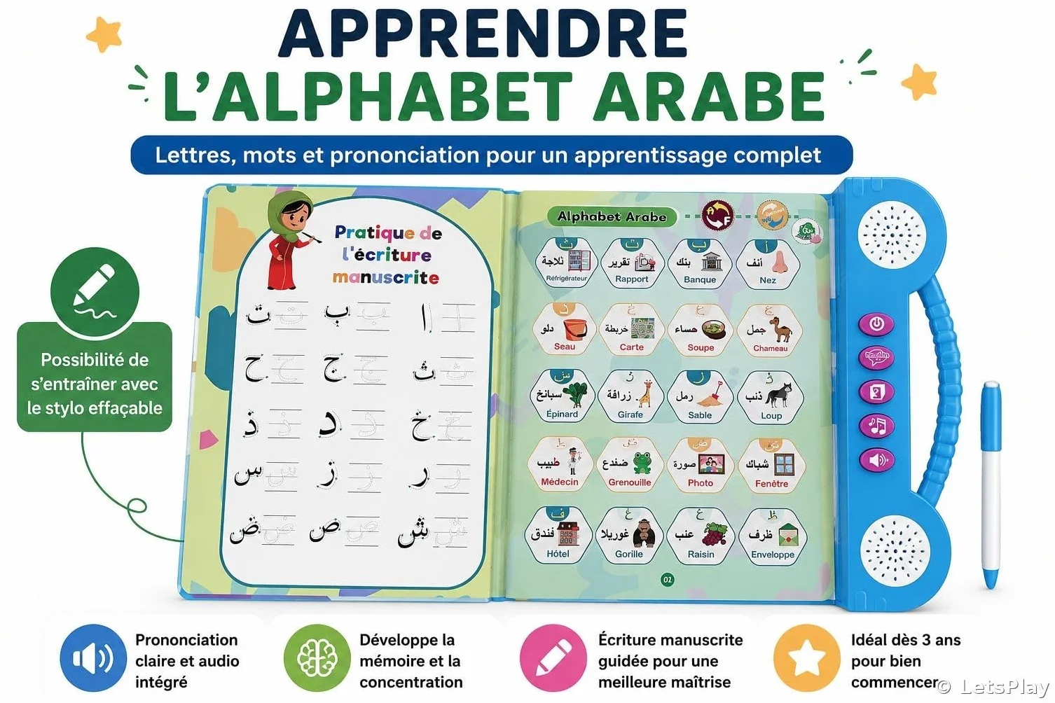 LetsPlay Livre Sonore Arabe Français Alphabet 180+ Mots Jouet Éducatif Enfant 3-8 Ans