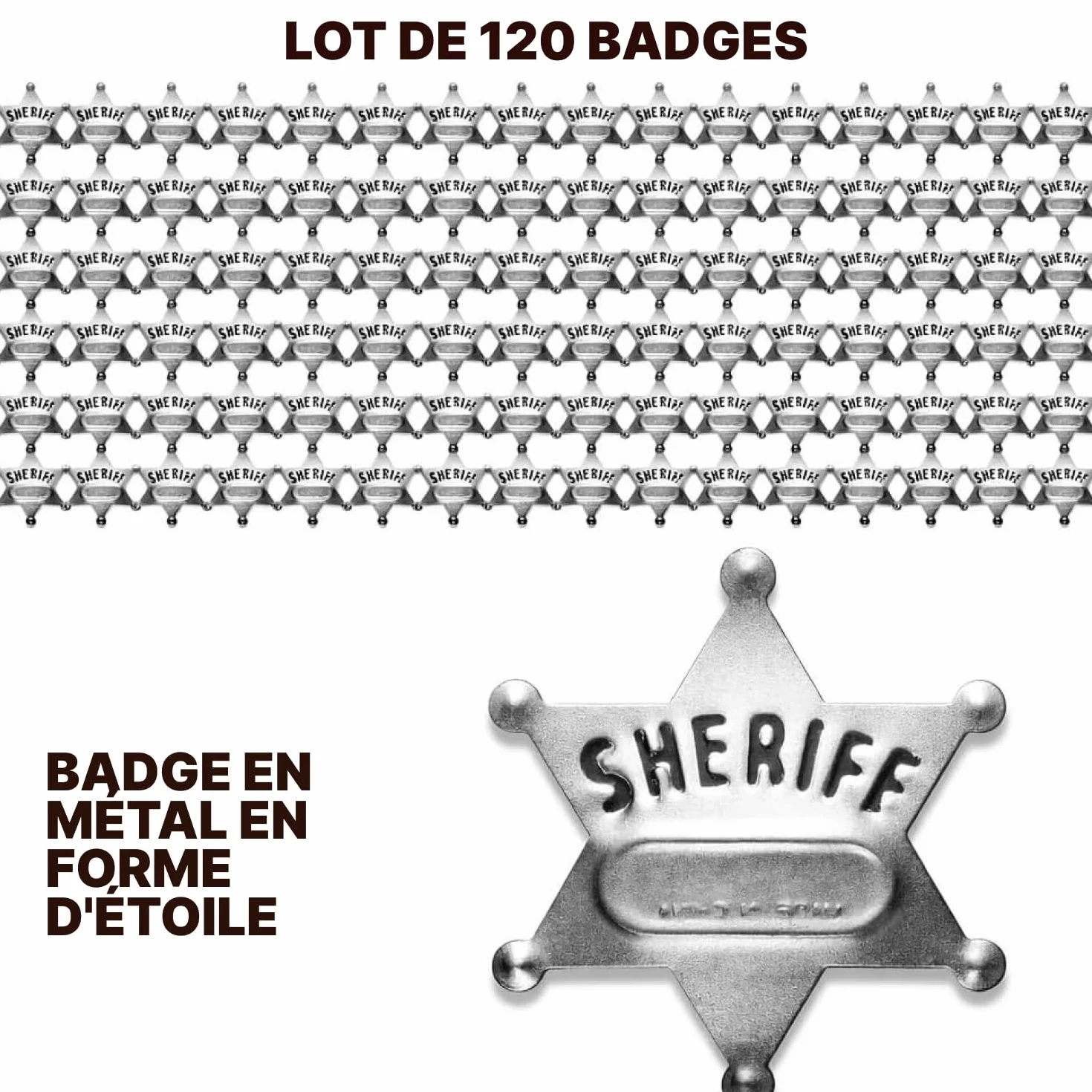 Badges de shérif en métal – Lot de 24, Silver Star Badges nominatifs Western Cowboy pour enfants