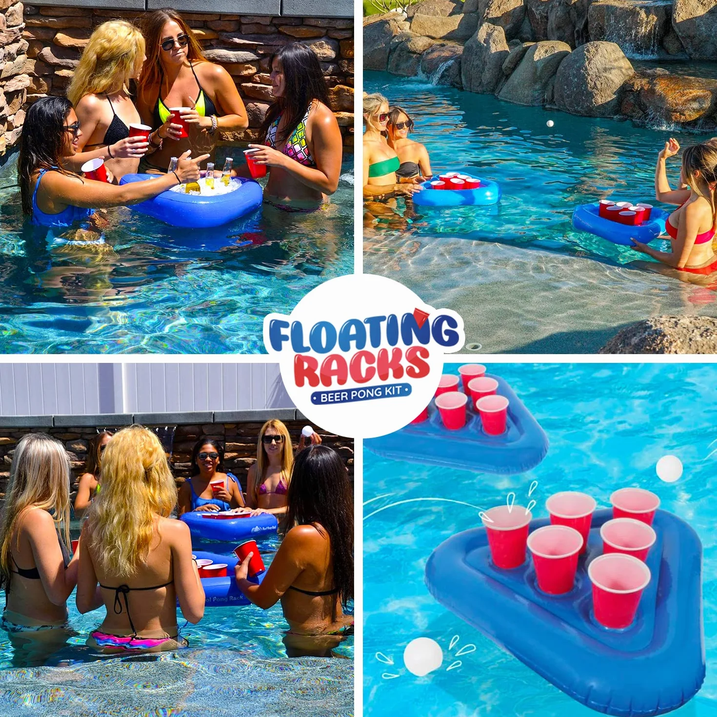 Original Beerpong Floating Kit 2 Bouées Gonflables 12 Red Cups 2 Balles Beer Pong Piscine