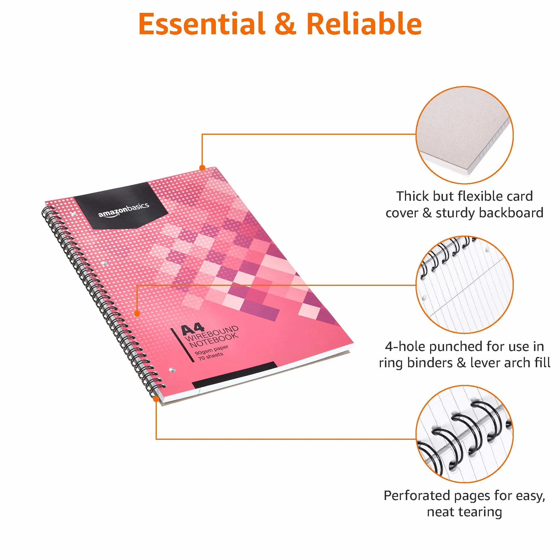 Amazon Basics Lot de 5 cahiers à spirales A4 70 feuilles 90 g/m² Couleurs assorties