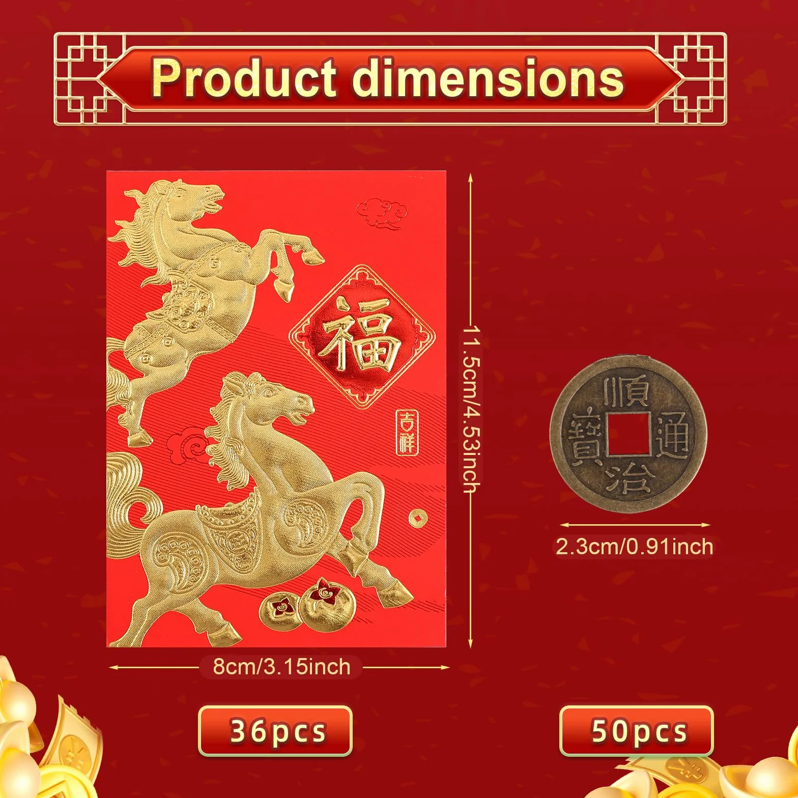 36pcs Enveloppes Rouges Nouvel An Chinois 11,5x8cm Porte-Bonheur Fête Printemps 2026 Année Cheval 6 Modèles