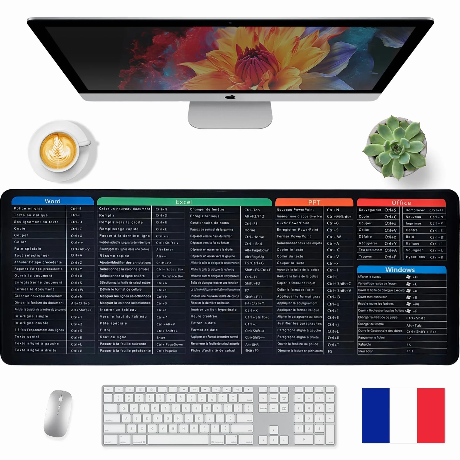 Tapis de Souris Raccourcis Excel 800x300 mm, Tapis de Bureau Étendu Formules et Raccourcis Clavier