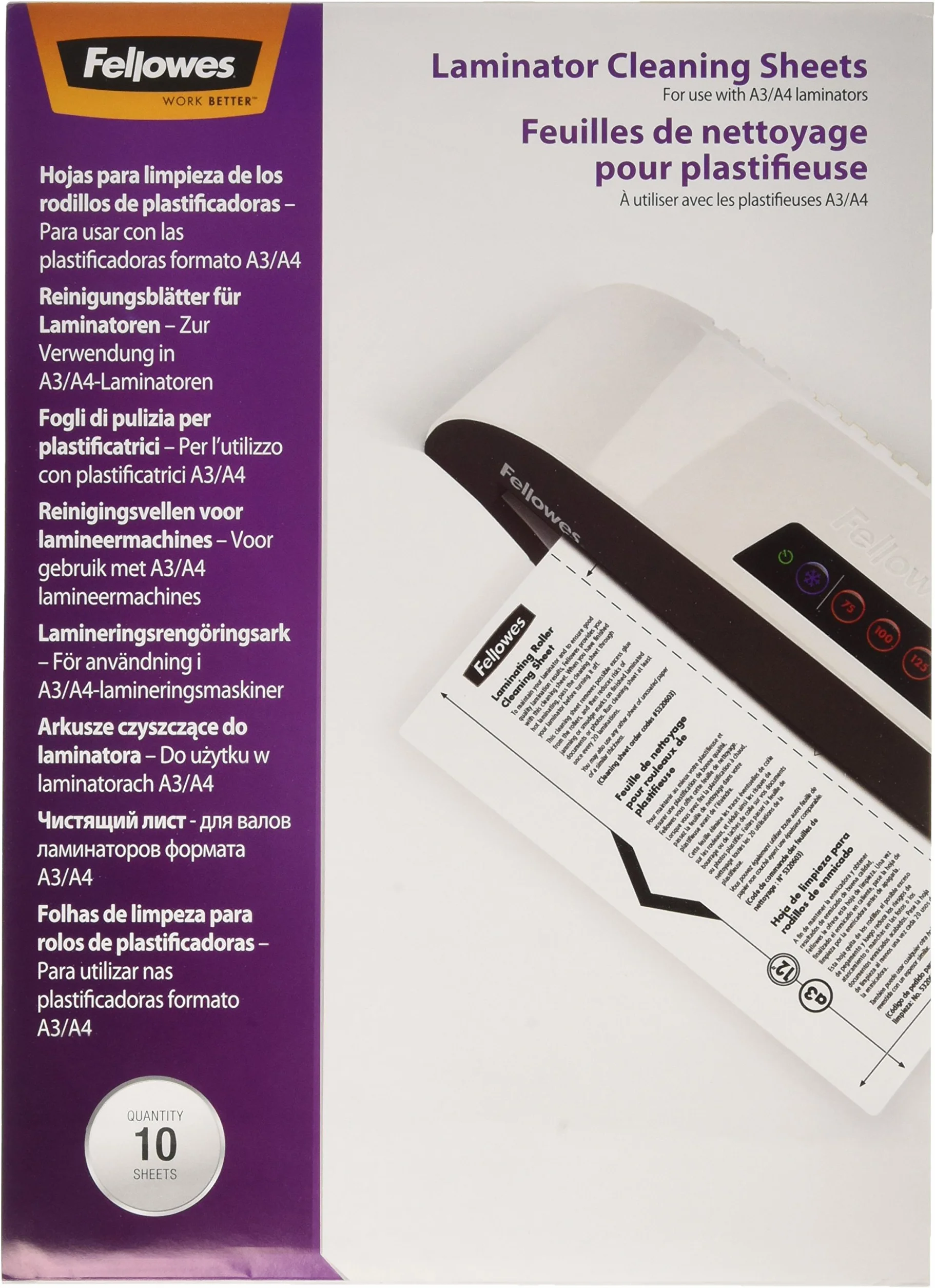 Fellowes Feuilles De Nettoyage Naturel Pour Plastifieuse A4 A3 Lot De 10
