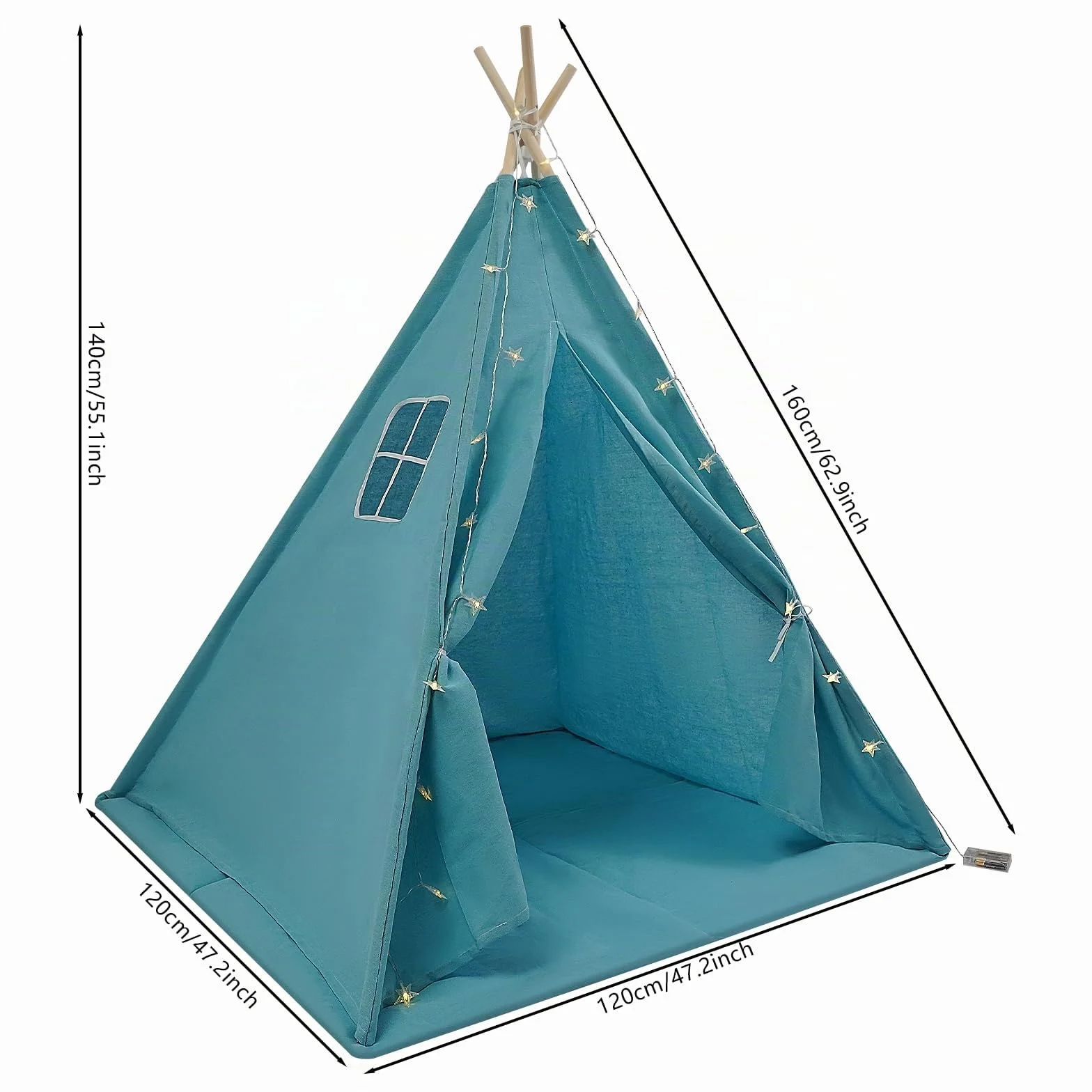 Tente Tipi pour enfant avec tapis de sol et guirlande lumineuse - Tente de jeu pliable en coton 120 x 120 x 140 cm Bleu