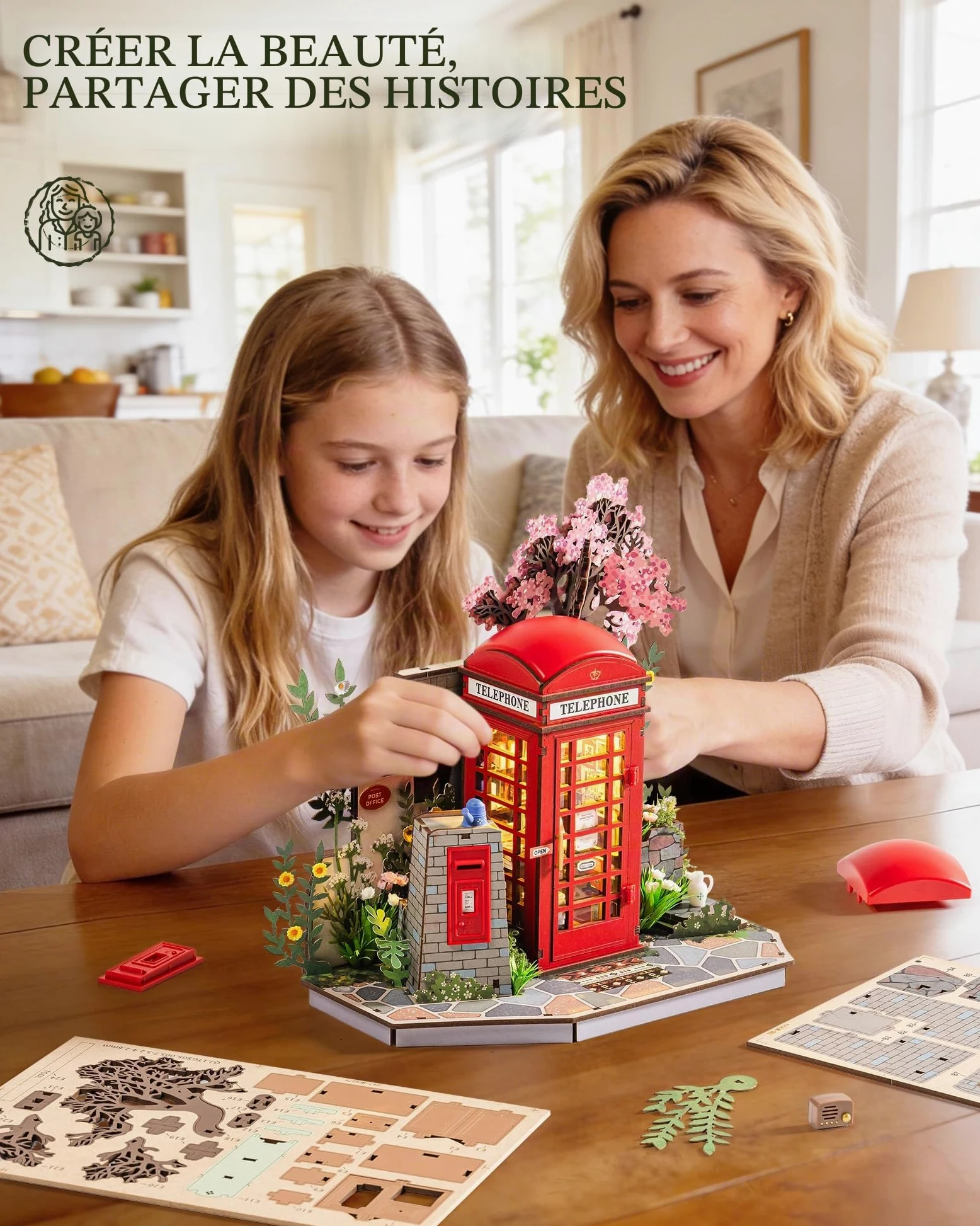 Rolife Puzzle 3D en Bois Cabine Téléphonique Rouge de Londres Maquette pour Adultes à Construire Blossom Kiosque à Livres Jeu de Construction avec Éclairage LED Décoration Intérieure Cadeau Créative