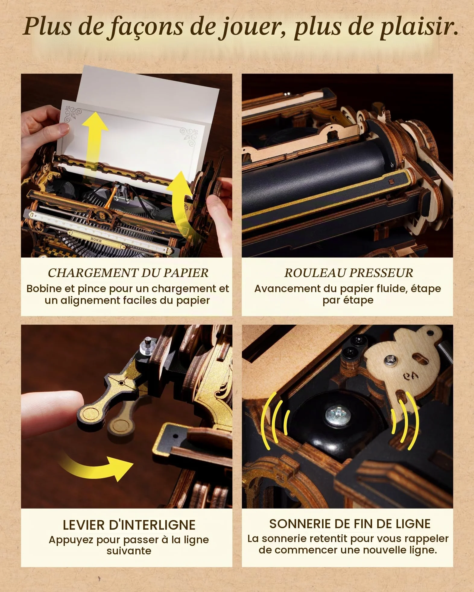 ROKR Machine à écrire 3D Puzzle en Bois pour Adultes - Noir et Or, Kit de Modélisme Mécanique, Maquette Vintage pour Bureau, Cadeau DIY pour Constructeurs Patients (Noir)