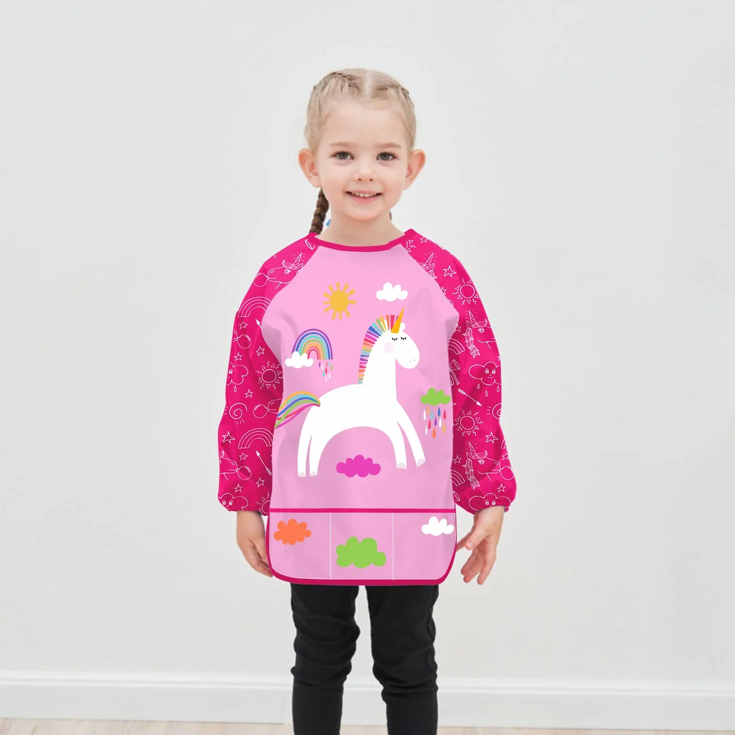 Tablier Peinture Enfant 3-8 ans Licorne Dinosaures Manchon 3 Poches Longueur 58cm