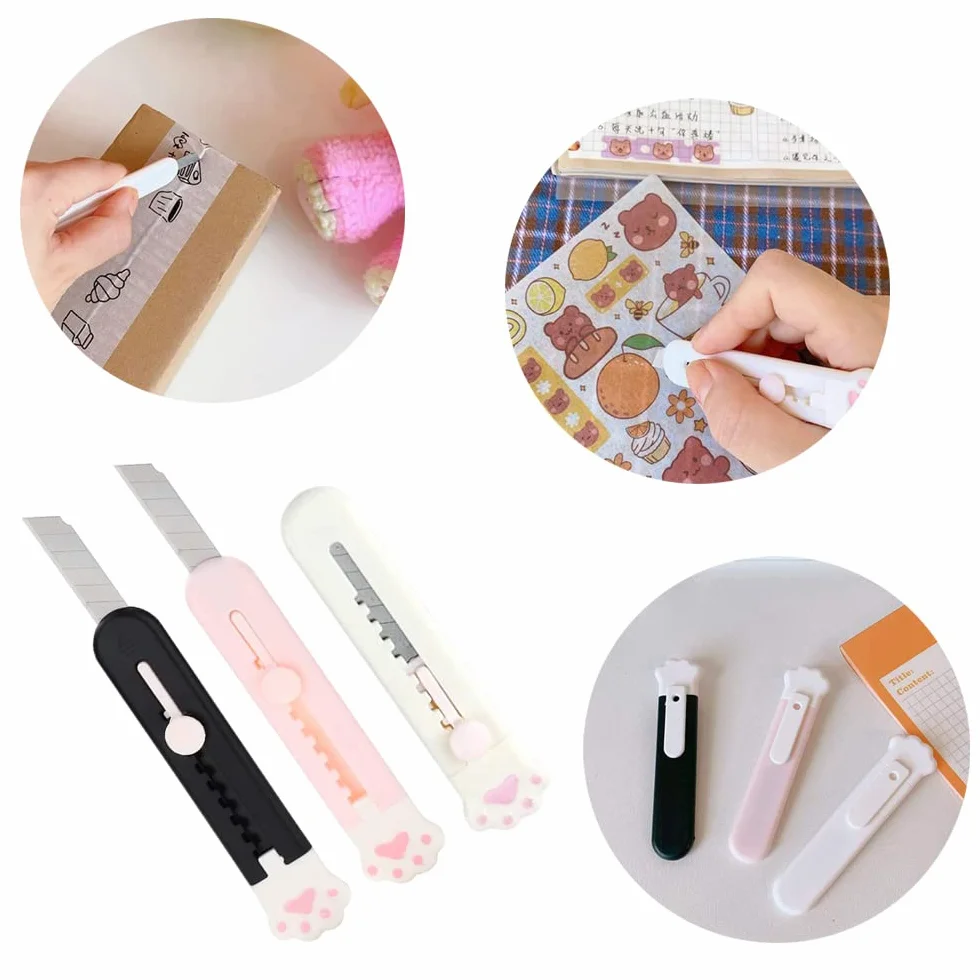 Mini Cutter Rétractable Patte de Chat, Couteau Utilitaire Ouvre-Lettre Coupe-Boîte pour Carton Papier, 3 Couleurs