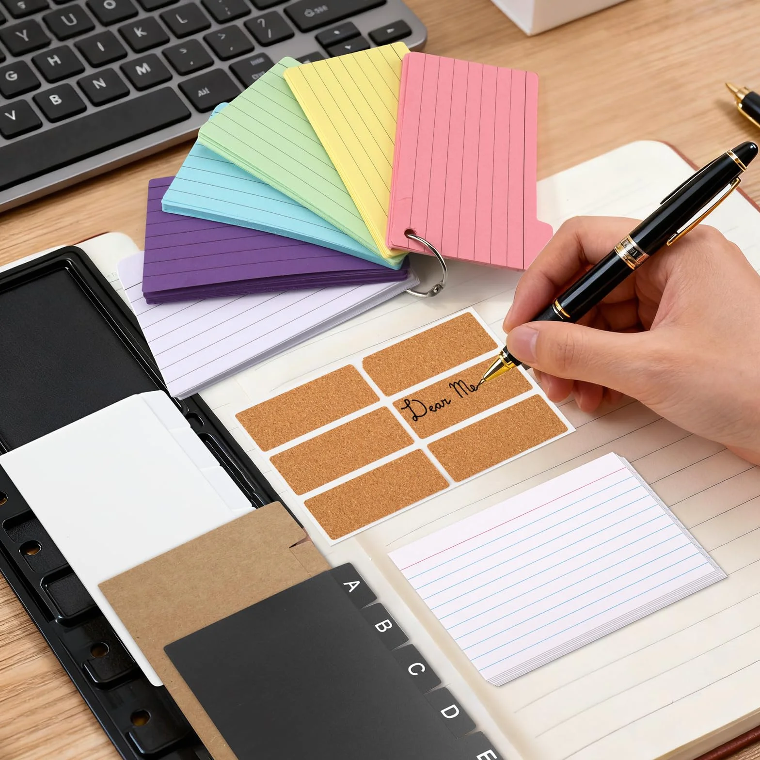 Kit Boîtes à Fiches Noir 230 Fiches Lignées Colorées 15 Registres 6 Anneaux