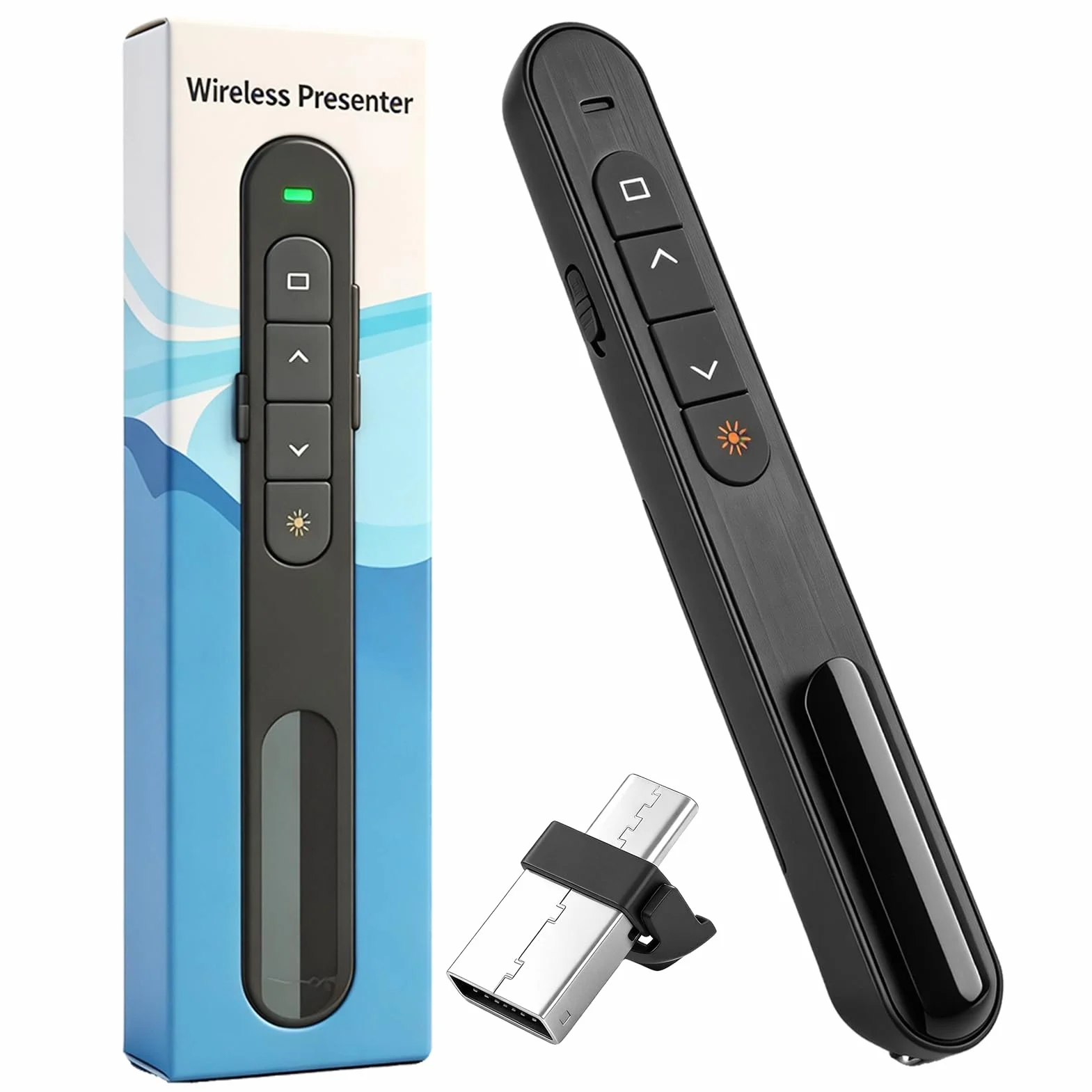 Télécommande de Présentation sans Fil 2-en-1 USB-C & USB-A, Pointeur PowerPoint 2,4 GHz avec Contrôle du Volume et Hyperliens