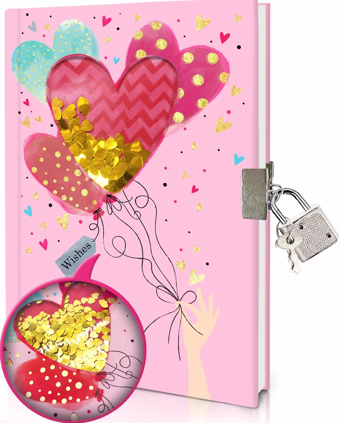 Cahier de Notes Journal Intime Fille avec Cadenas 17,8x13,5cm 80 Feuilles Ligné Paillettes Secouables
