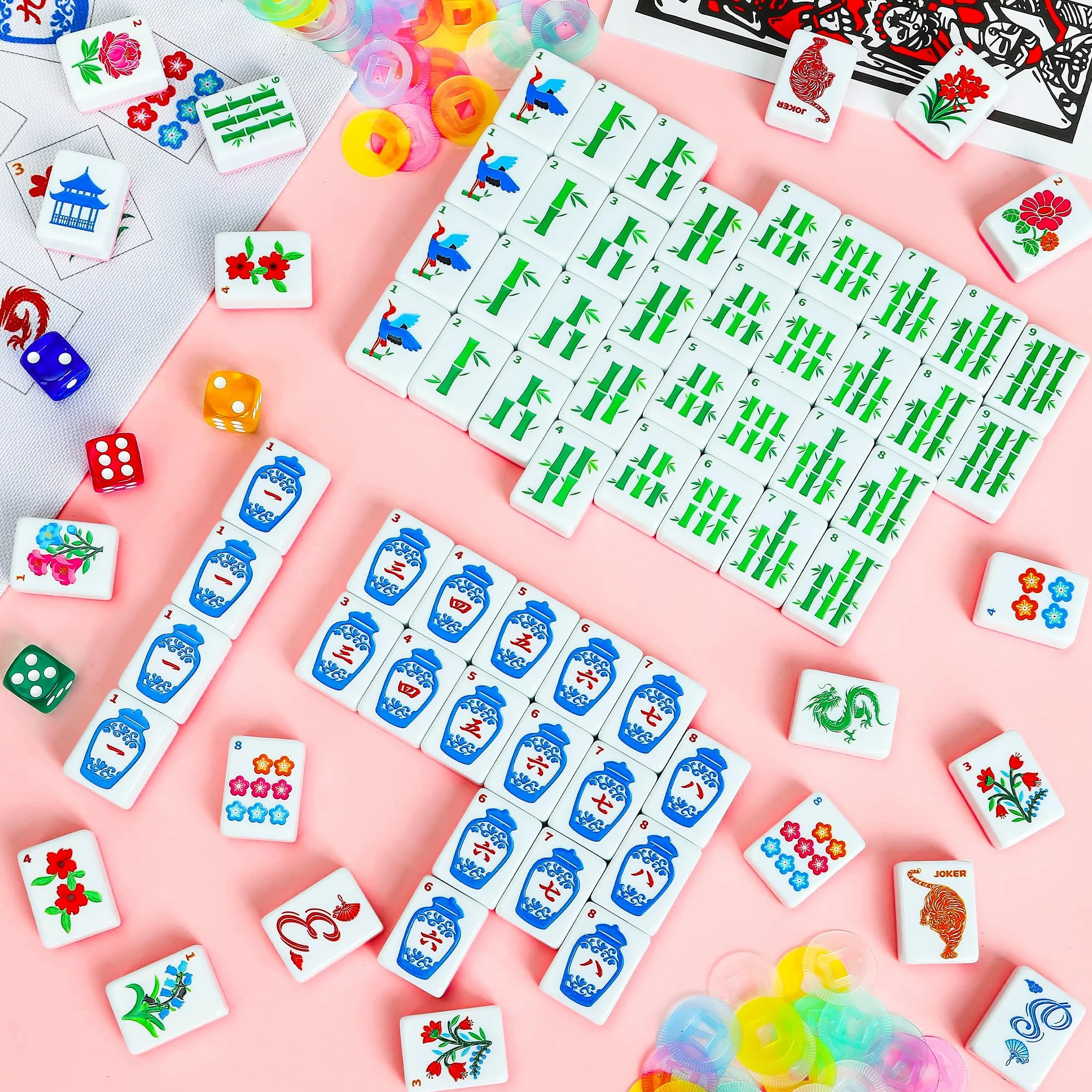 Mahjong Tile Set de 168 mahjongs avec 4 dés et sac de transport | Ensemble de mahjong portable pour voyage, fête, famille, loisirs (3 cm)