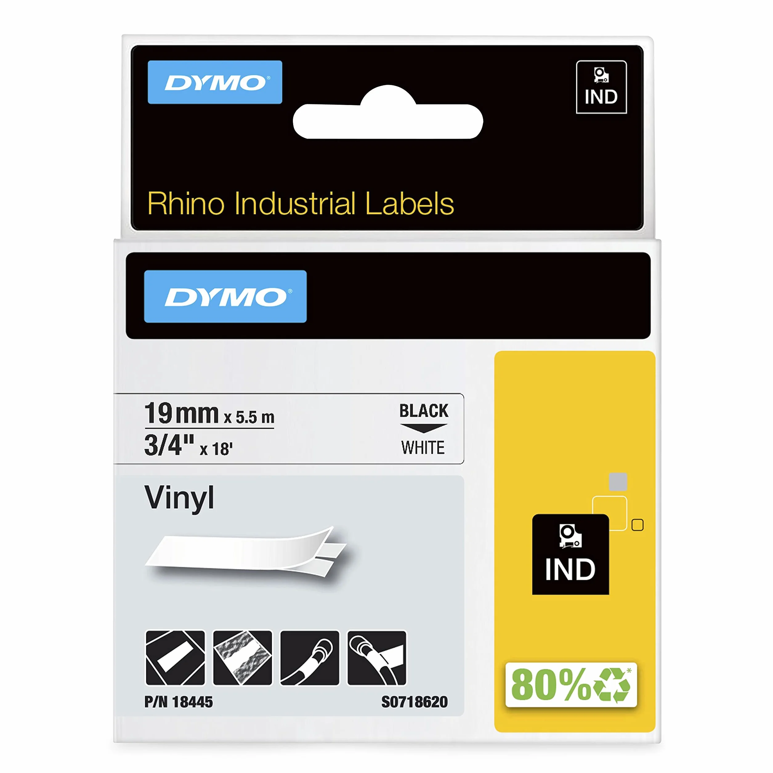 DYMO Rhino Étiquettes en vinyle industrielles 19 mm x 5,5 m autocollantes noir sur blanc pour étiqueteuses Rhino LabelManager